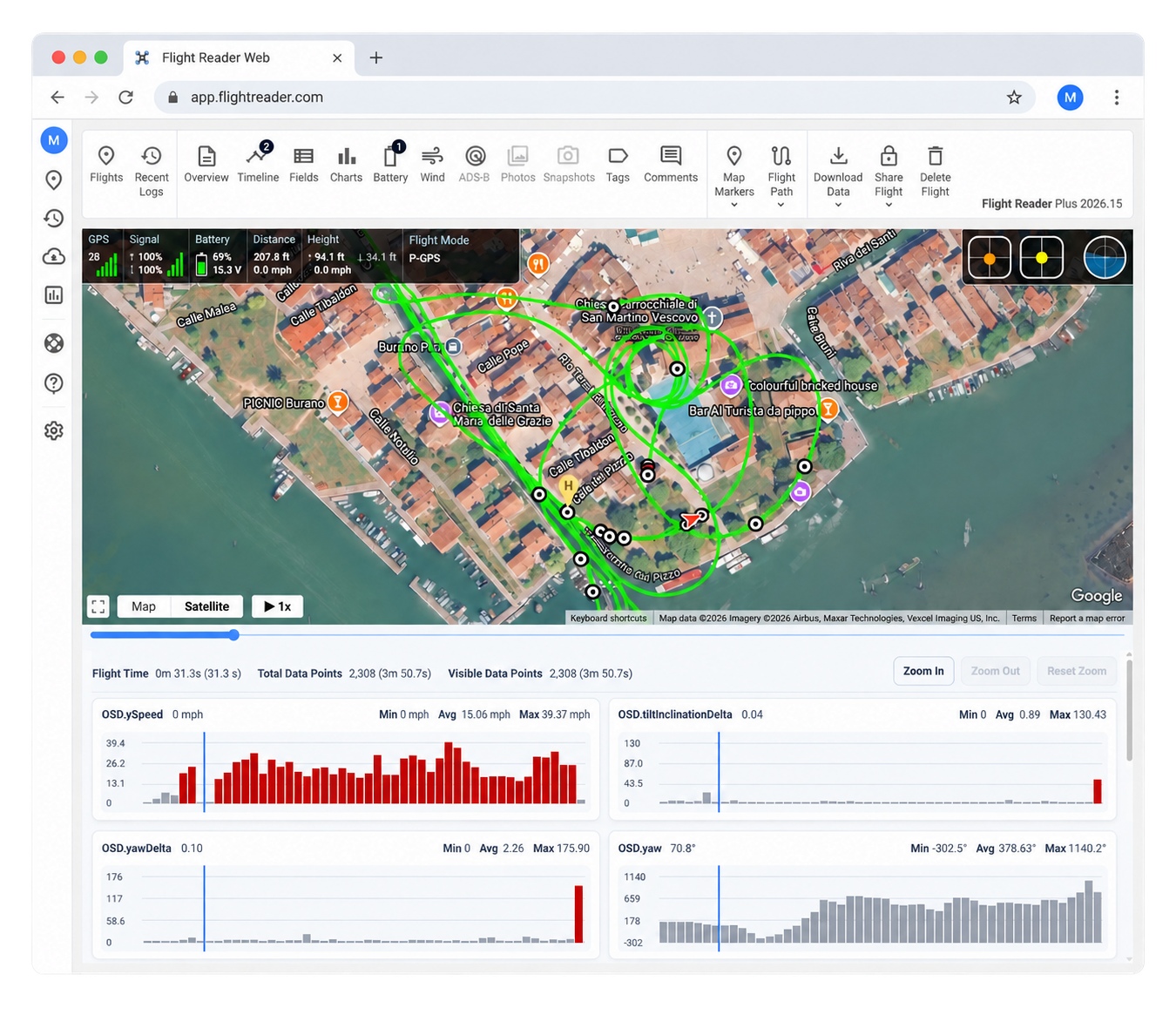 Flight Reader Web showing a flight path on a satellite map with telemetry charts below